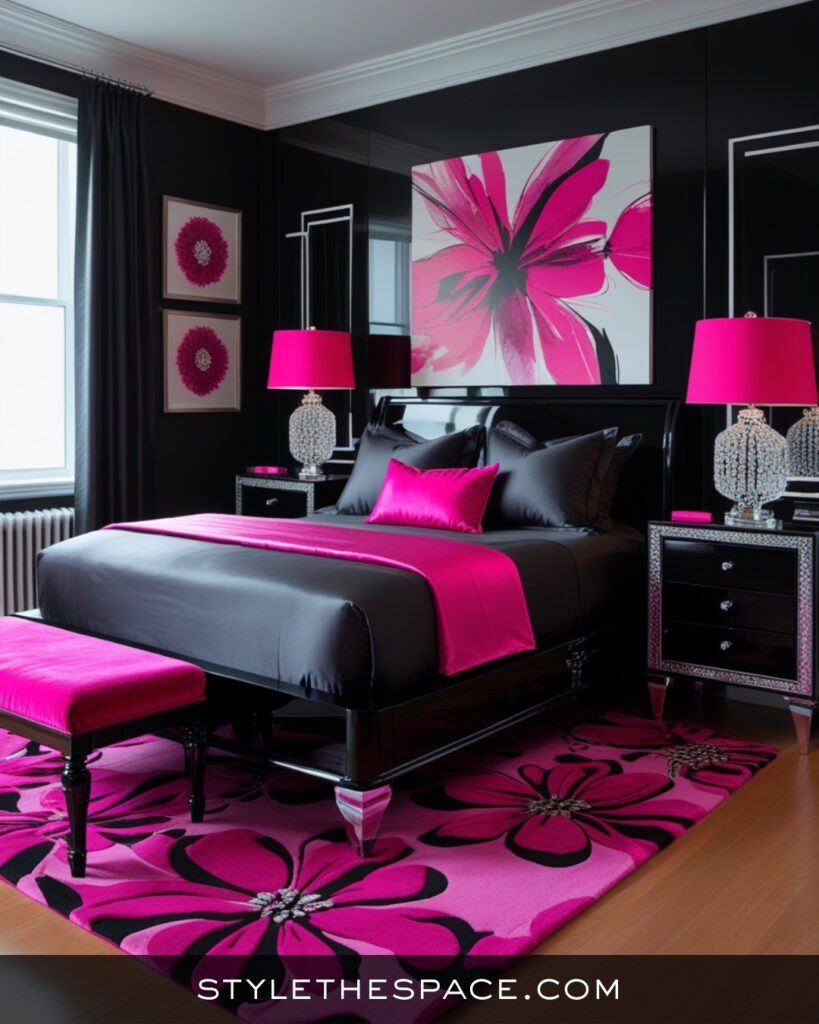 Black Bedroom With Bold Hot Pink Accents