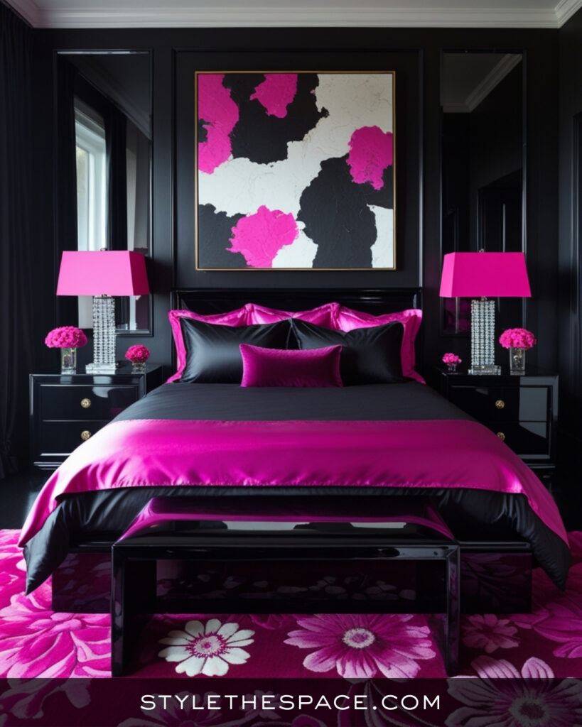 Black Bedroom With Bold Hot Pink Accents