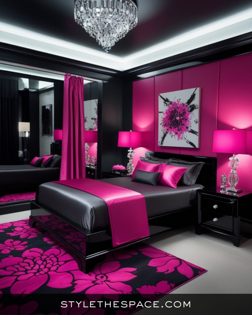 Black Bedroom With Bold Hot Pink Accents