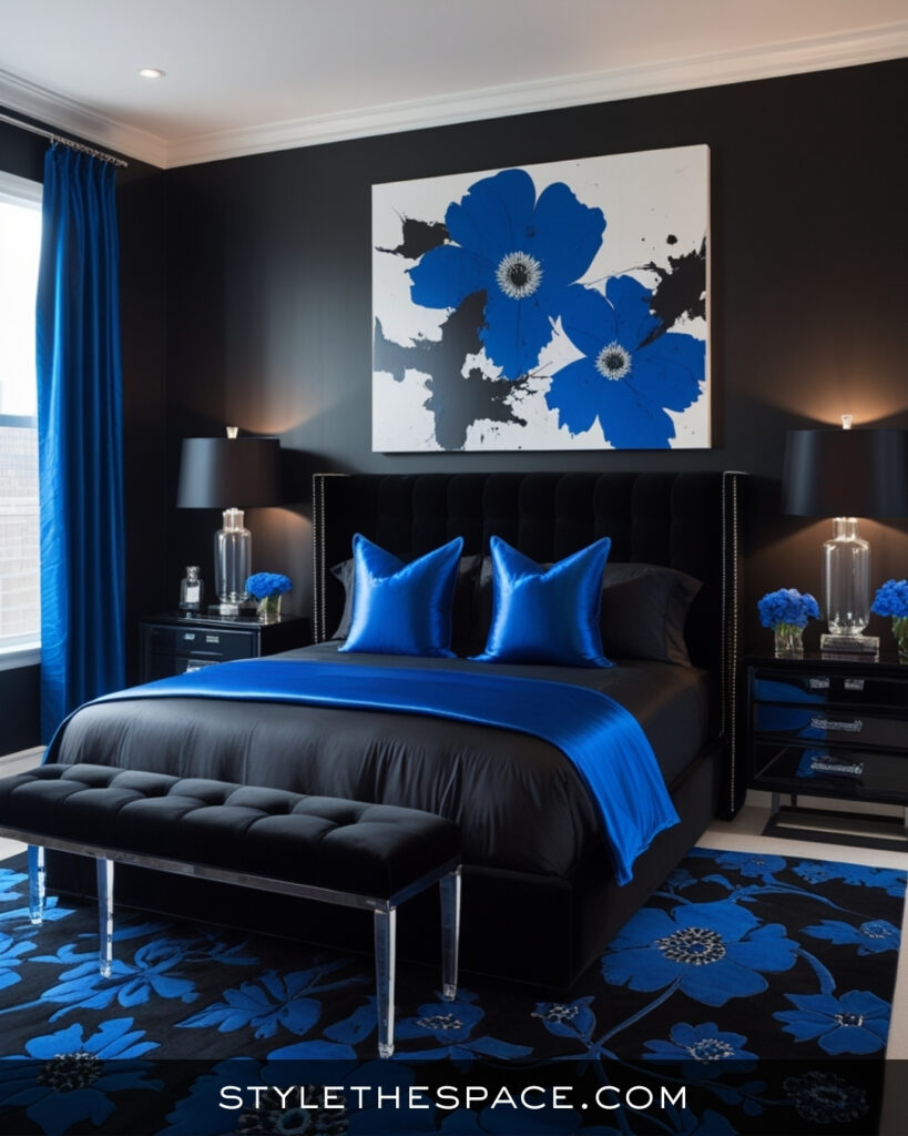 Black Bedroom With Bold Royal Blue Accents