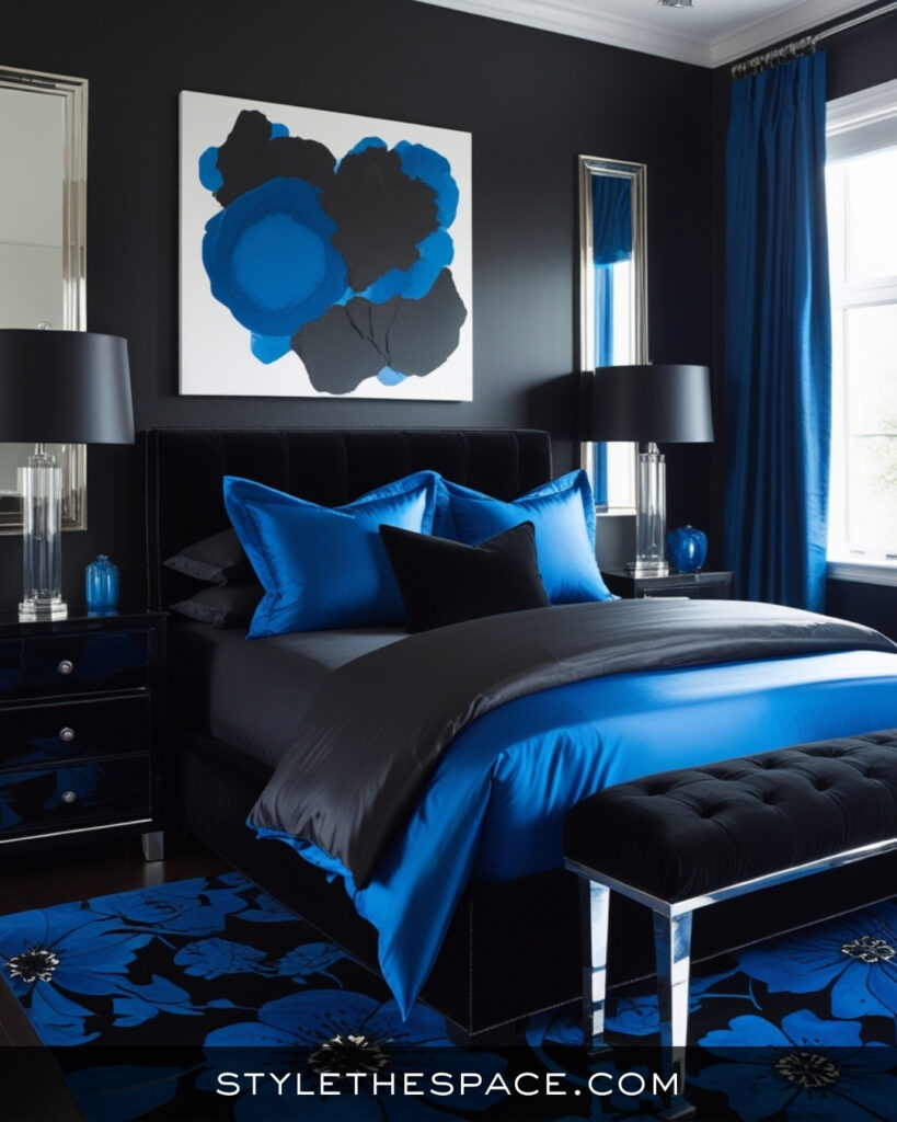 Black Bedroom With Bold Royal Blue Accents
