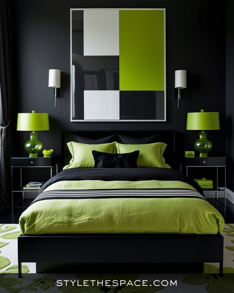 Black Bedroom With Fresh Lime Green Accents