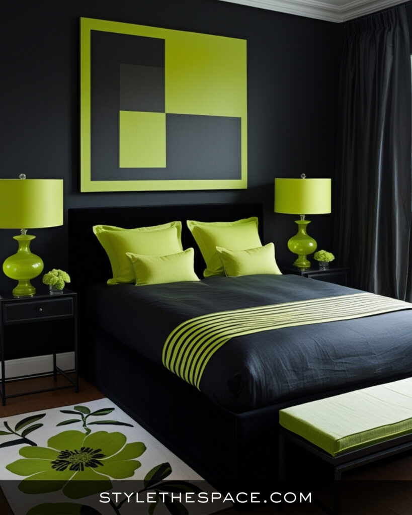 Black Bedroom With Fresh Lime Green Accents