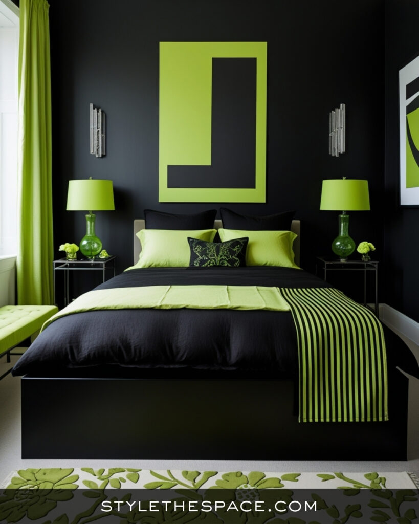 Black Bedroom With Fresh Lime Green Accents