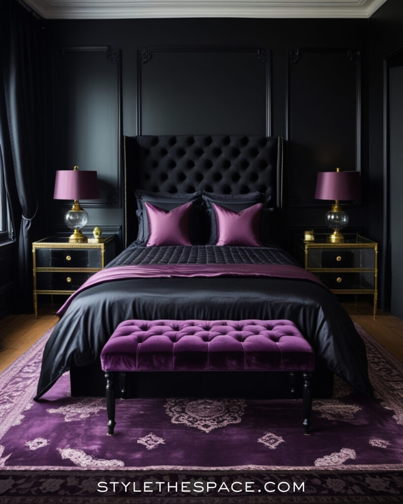 Black Bedroom With Rich Plum and Gold Accents
