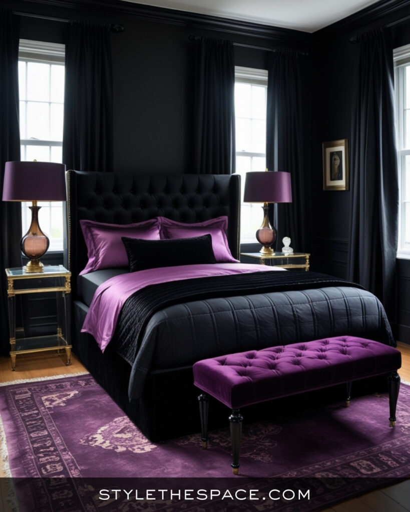 Black Bedroom With Rich Plum and Gold Accents