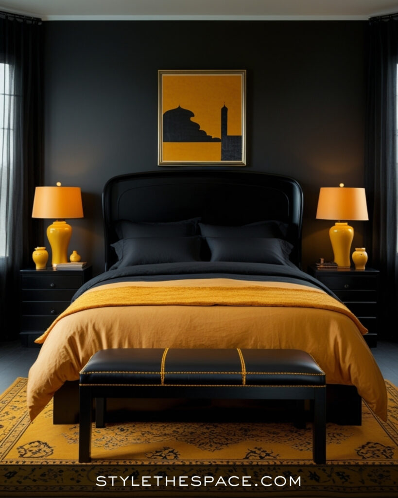 Black Bedroom With Warm Mustard Yellow Accents