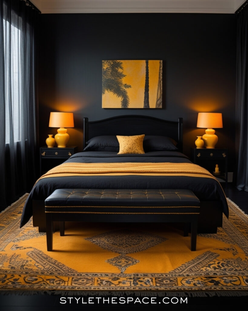 Black Bedroom With Warm Mustard Yellow Accents