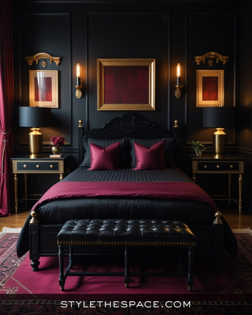 Black Bedroom With Deep Burgundy and Gold Accents