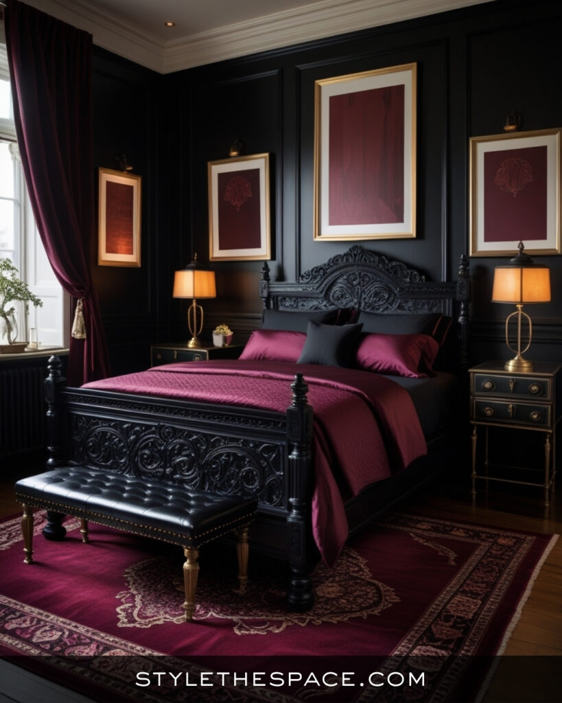 Black Bedroom With Deep Burgundy and Gold Accents