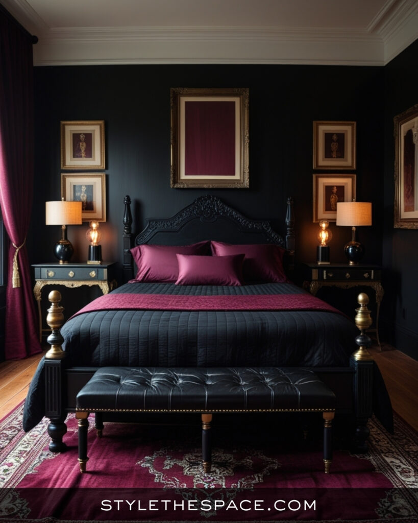 Black Bedroom With Deep Burgundy and Gold Accents