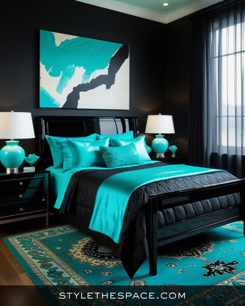 Black Bedroom With Vibrant Teal Accents