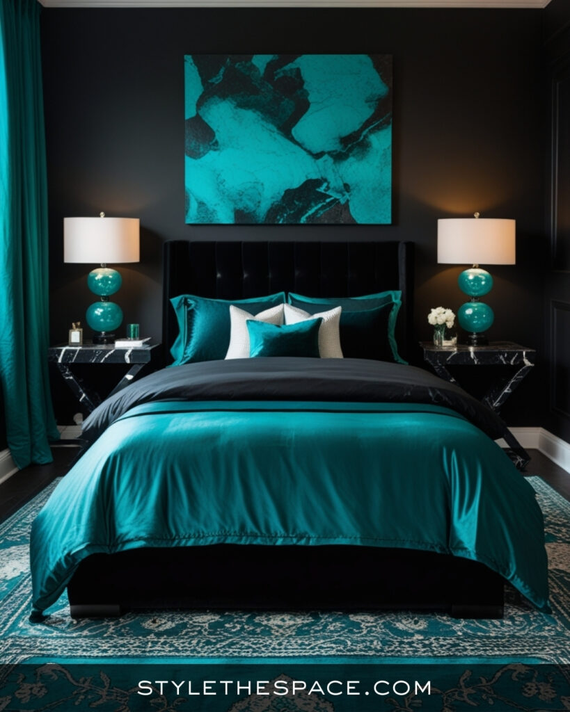 Black Bedroom With Vibrant Teal Accents