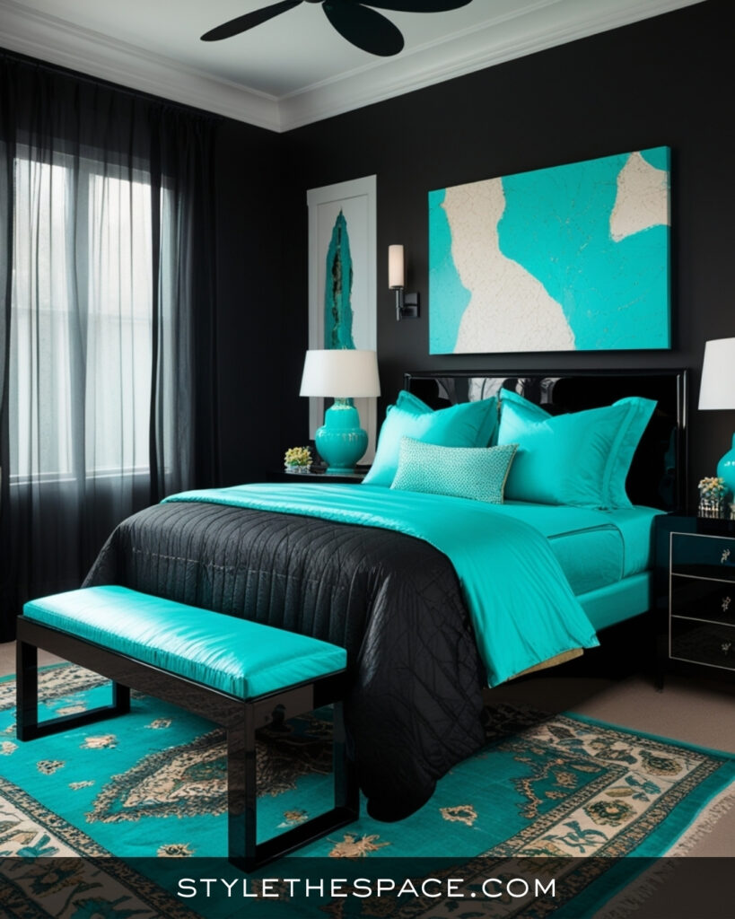 Black Bedroom With Vibrant Teal Accents