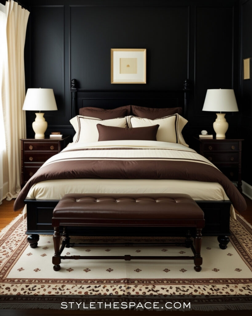 Classic Black Bedroom With Soft Cream and Brown Tones
