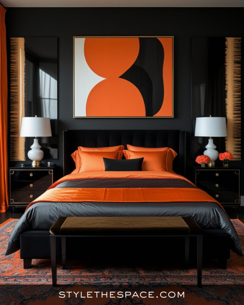 Black Bedroom With Bold Orange and Graphic Accents