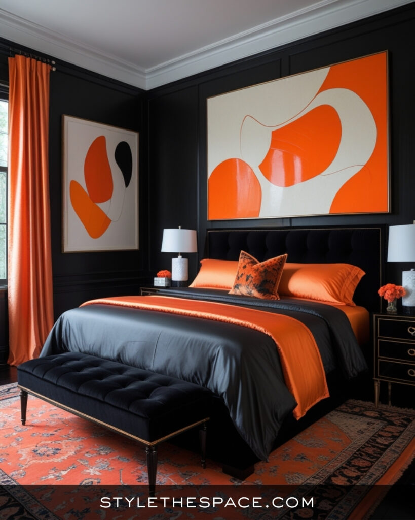Black Bedroom With Bold Orange and Graphic Accents