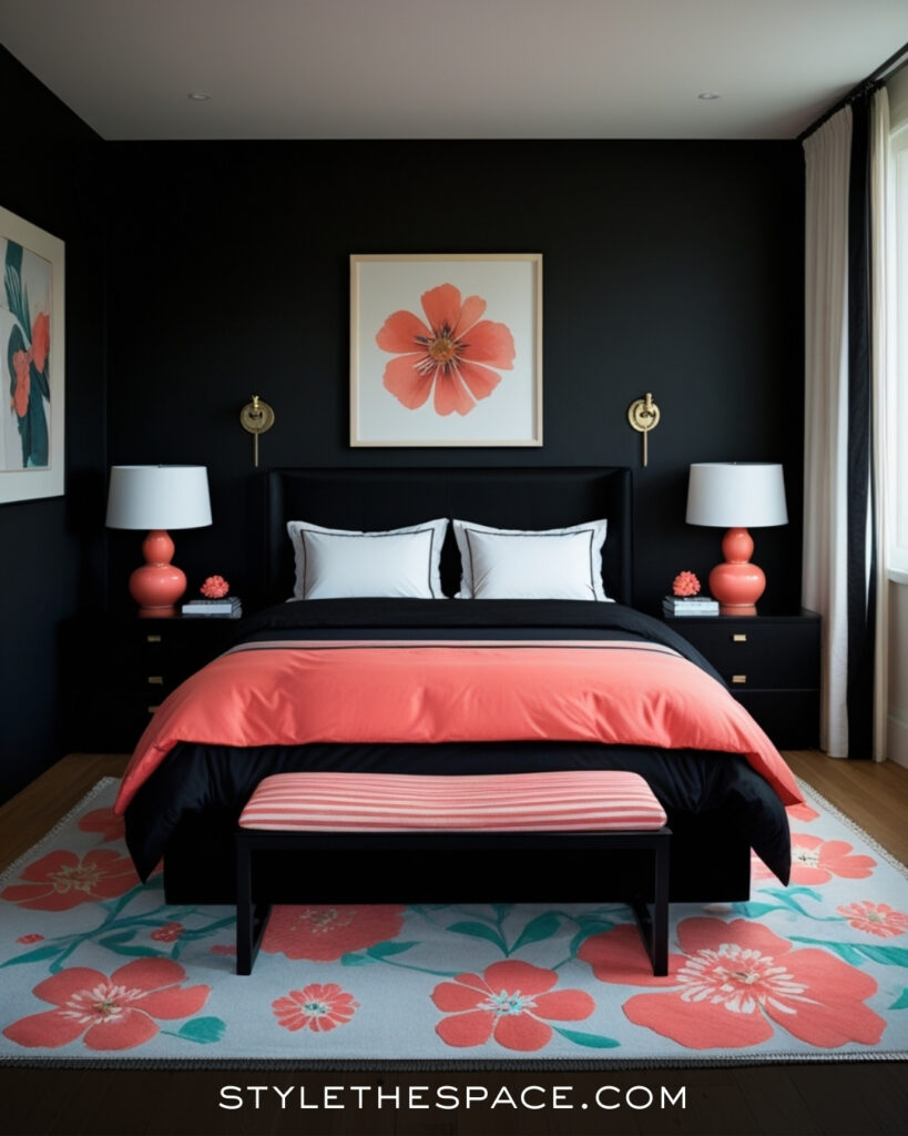 Black Bedroom With Coral and Soft Floral Accents