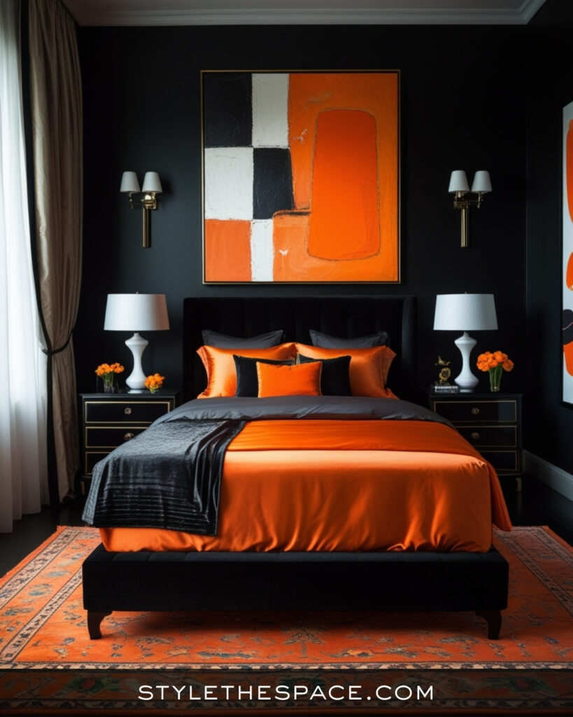 Black Bedroom With Bold Orange and Graphic Accents