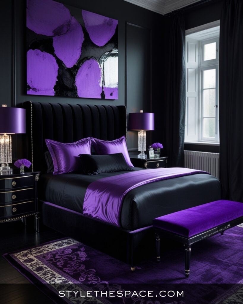 Black Bedroom With Dramatic Purple and Velvet Accents
