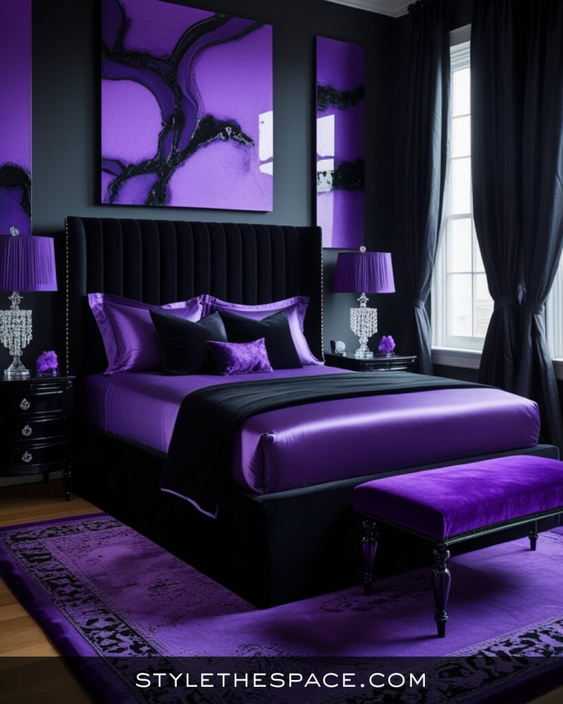 Black Bedroom With Dramatic Purple and Velvet Accents