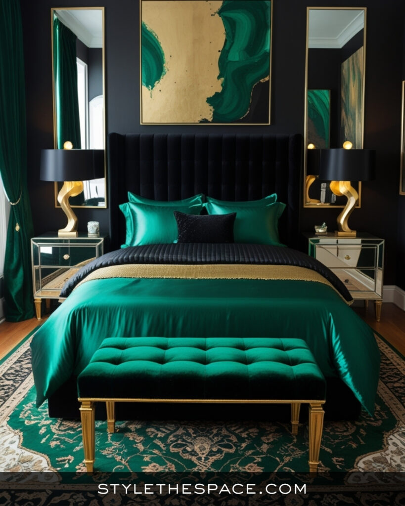 Black Bedroom With Emerald Green and Gold Accents