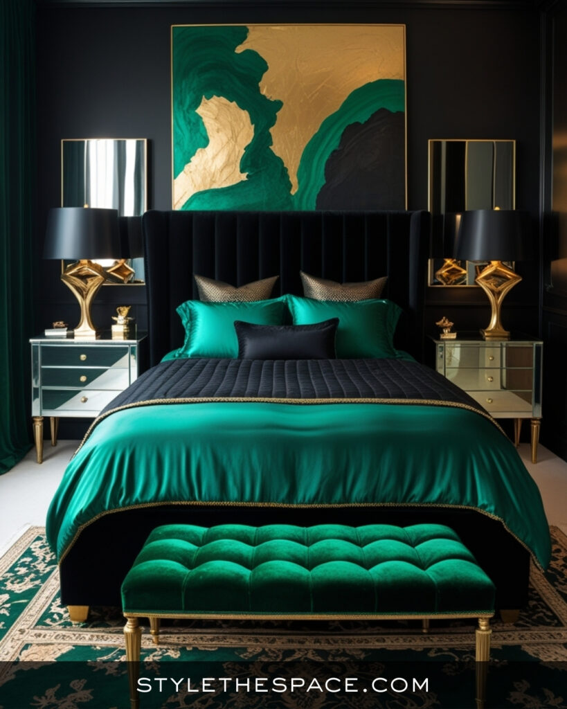 Black Bedroom With Emerald Green and Gold Accents