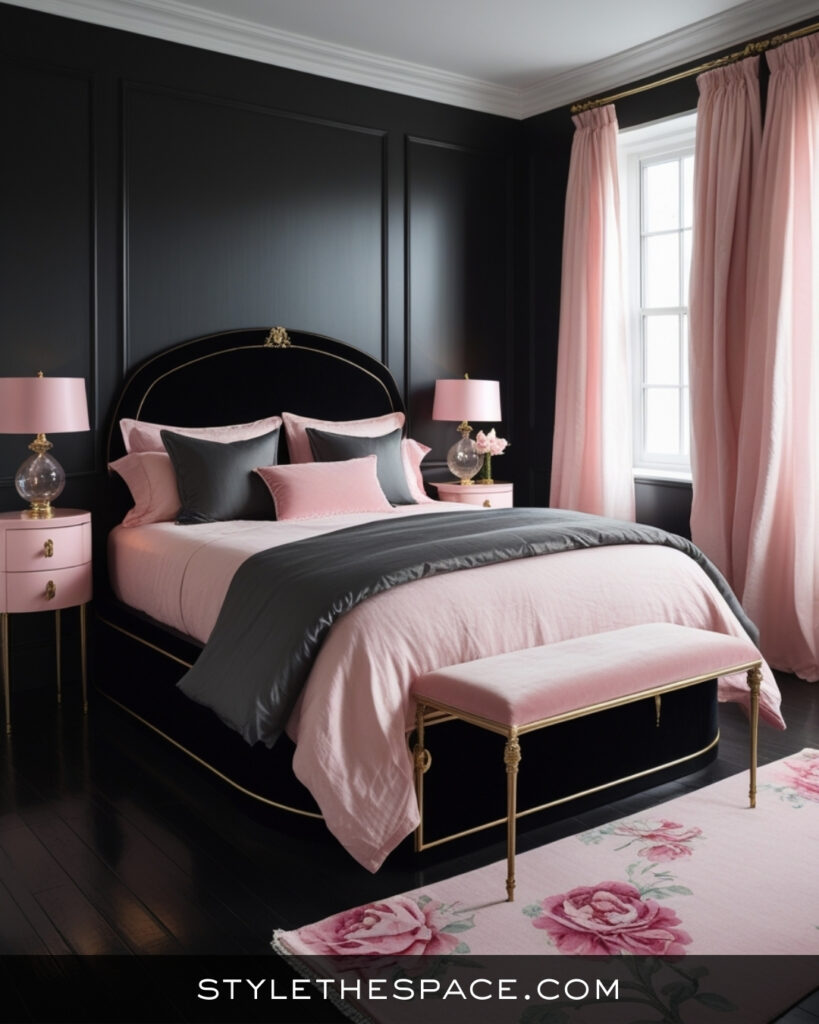 Black Bedroom With Soft Blush Pink and Gold Accents