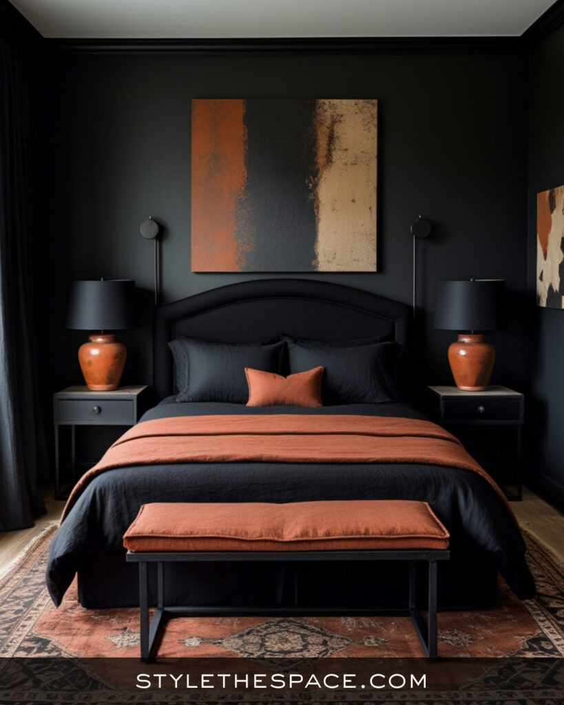 Black Bedroom With Warm Terracotta and Earthy Accents