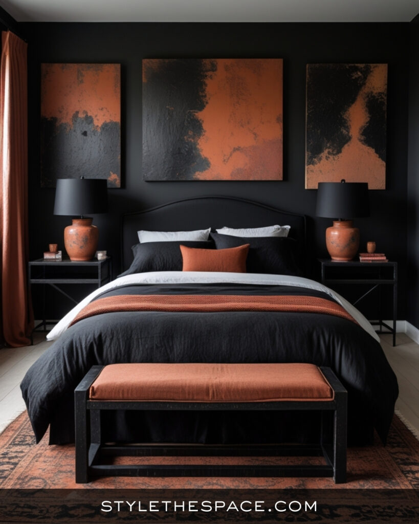 Black Bedroom With Warm Terracotta and Earthy Accents