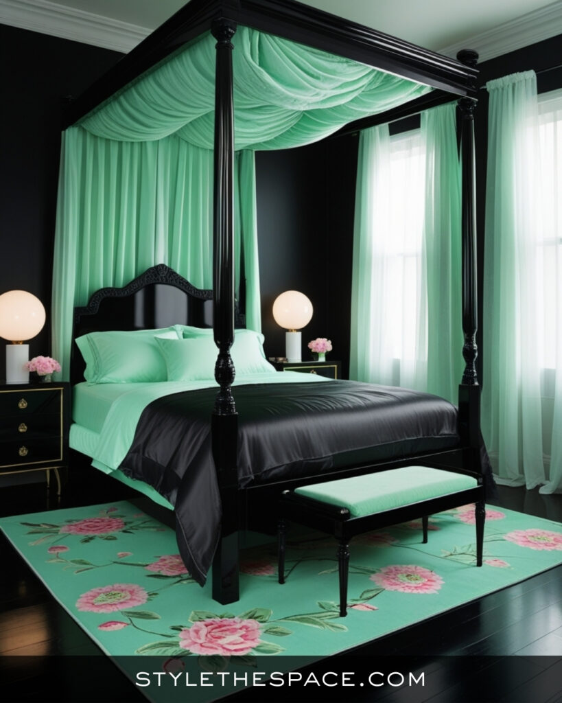 Black Bedroom With Mint Green and Romantic Canopy Style