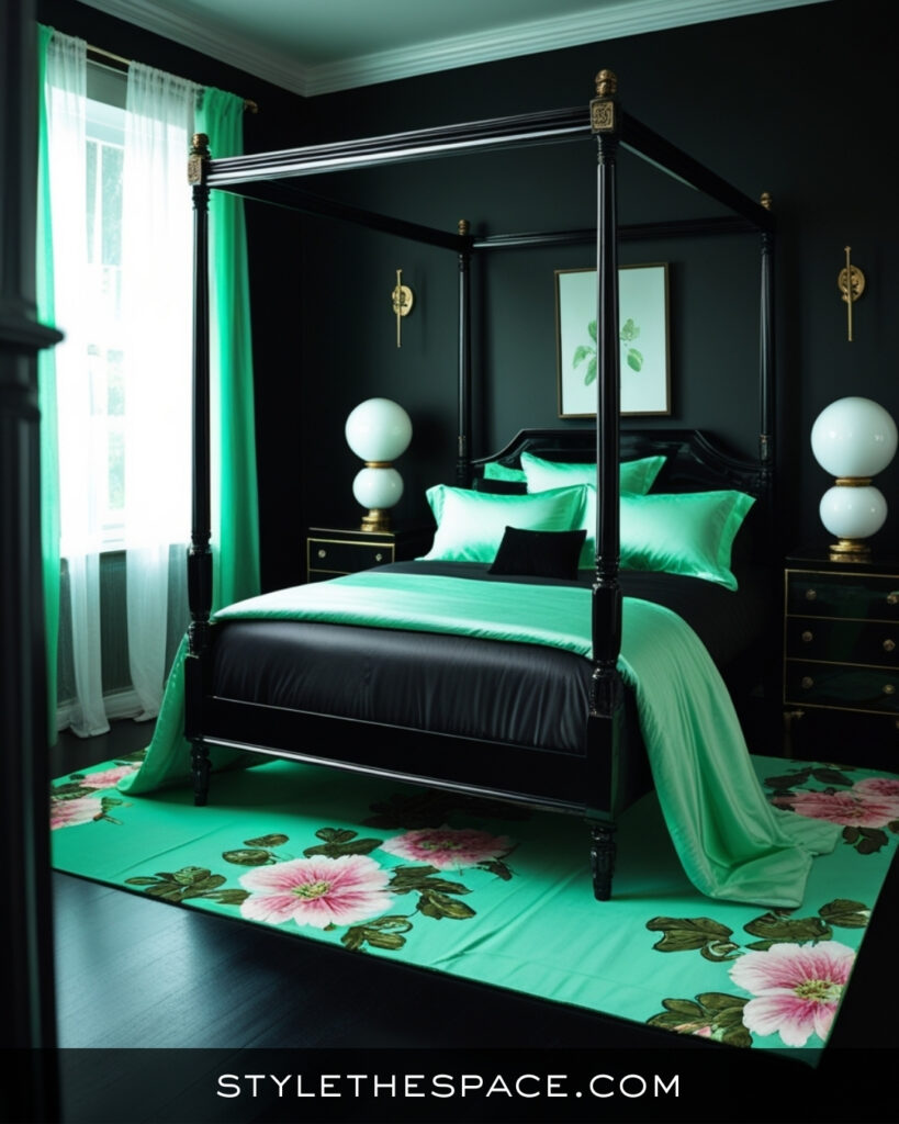 Black Bedroom With Mint Green and Romantic Canopy Style