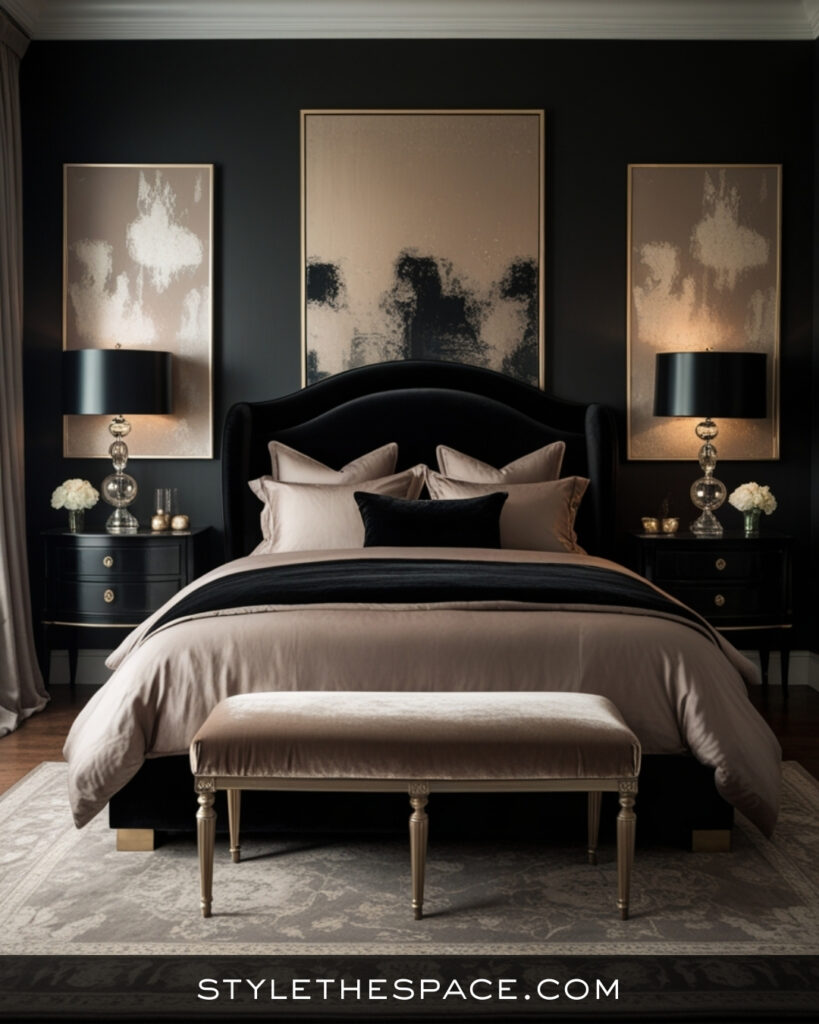 Black Bedroom With Soft Taupe and Neutral Elegance