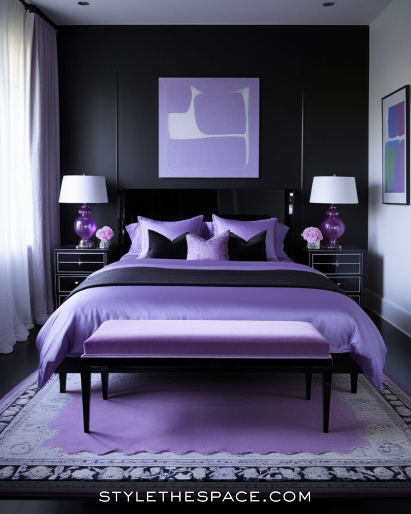 Black Bedroom With Soft Lavender and Modern Elegance