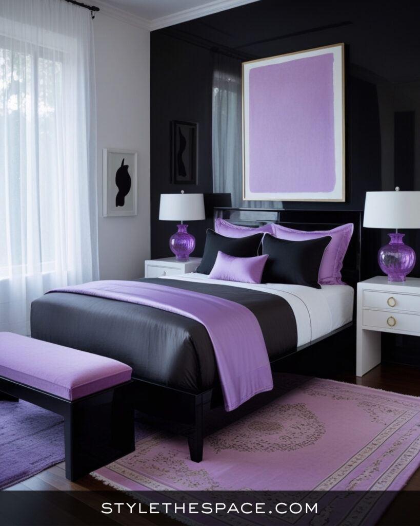 Black Bedroom With Soft Lavender and Modern Elegance