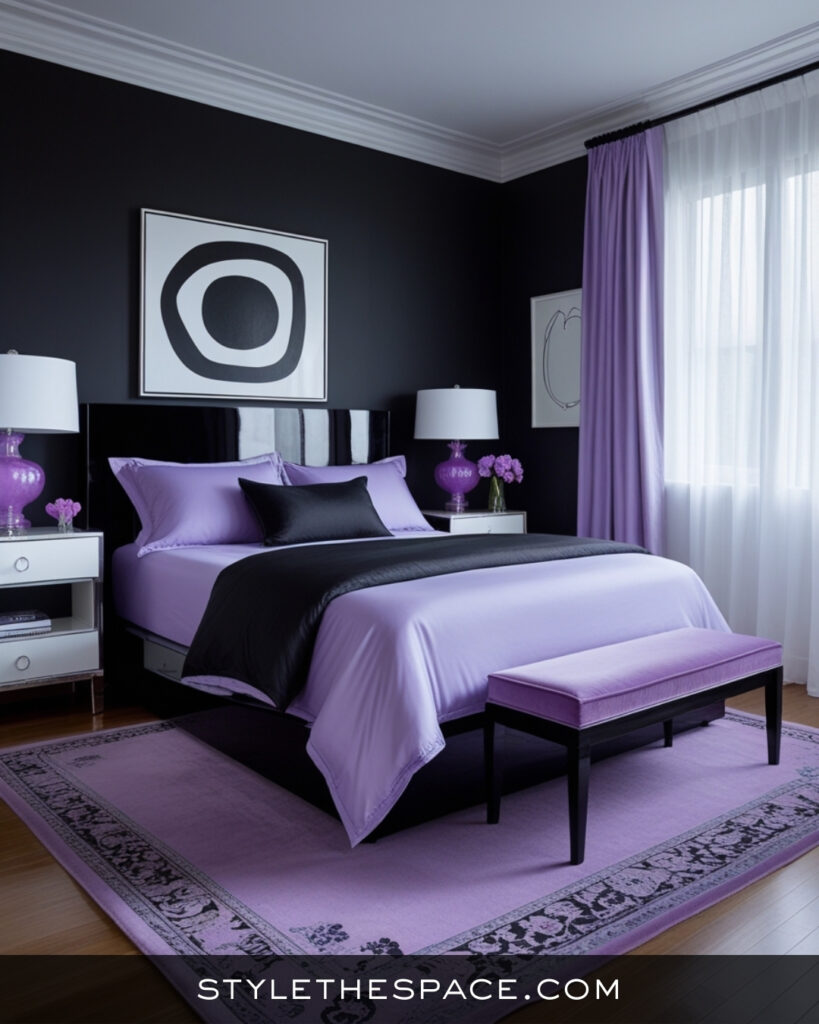 Black Bedroom With Soft Lavender and Modern Elegance