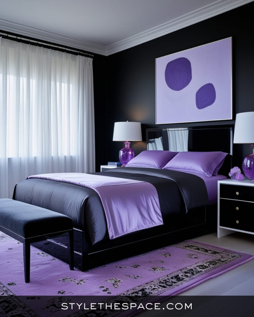 Black Bedroom With Soft Lavender and Modern Elegance