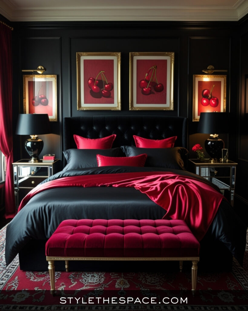Black Bedroom With Rich Red and Classic Glamour