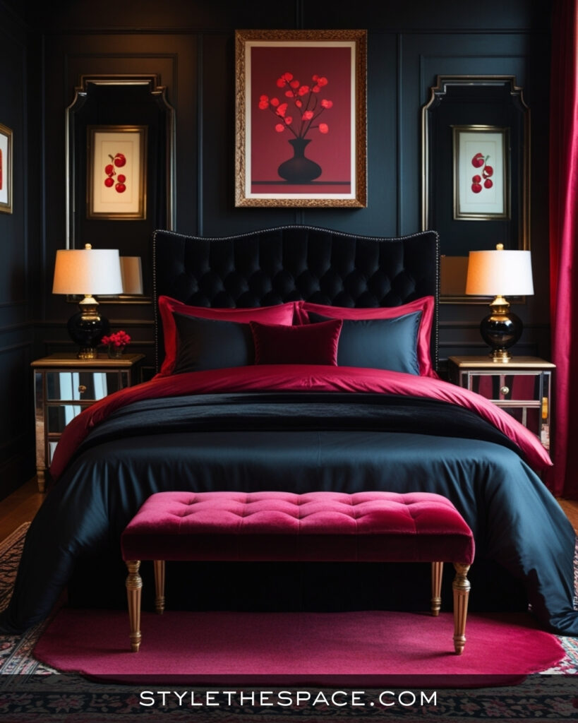 Black Bedroom With Rich Red and Classic Glamour