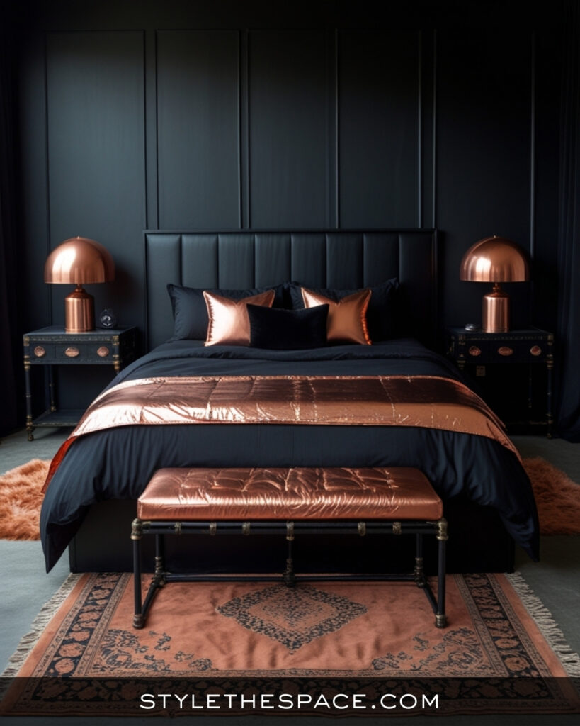 Black Bedroom With Warm Copper and Modern Luxe Style