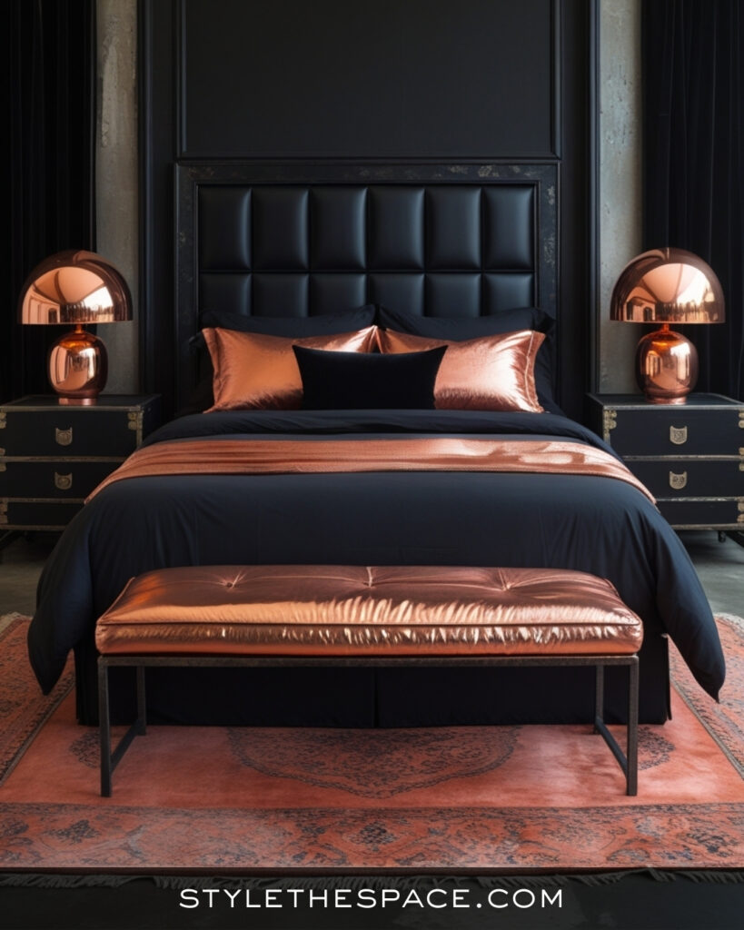 Black Bedroom With Warm Copper and Modern Luxe Style