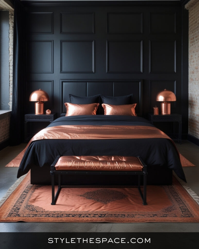 Black Bedroom With Warm Copper and Modern Luxe Style