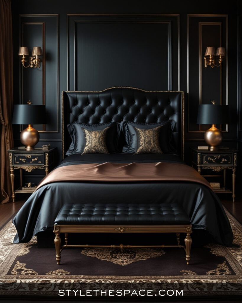 Luxury Black Bedroom With Warm Bronze Accents