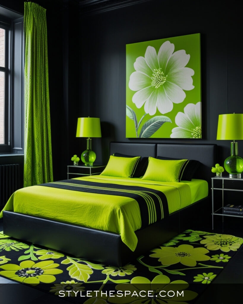 Black Bedroom With Bold Green Accents