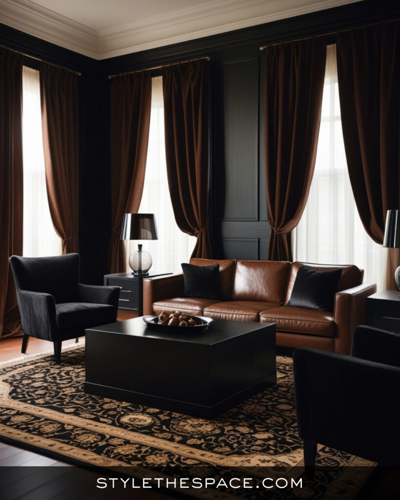 Black Living Room With Warm Leather and Soft Contrast