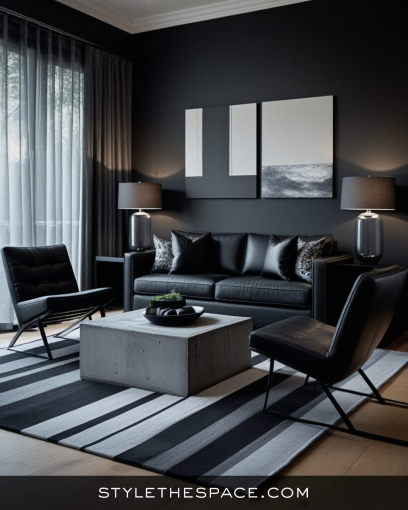 Minimal Black Living Room With Modern Monochrome Layers