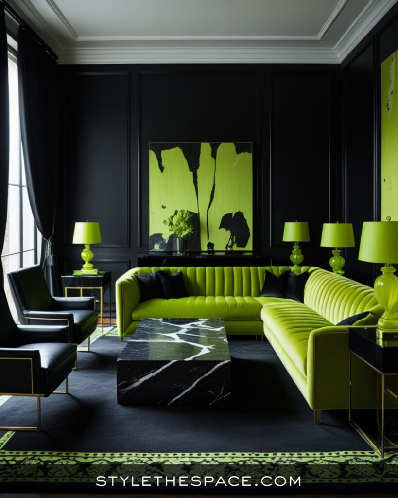 Black Living Room With Striking Green Statement Furniture
