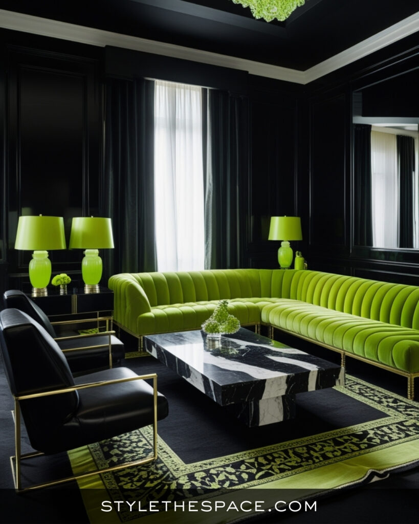 Black Living Room With Striking Green Statement Furniture