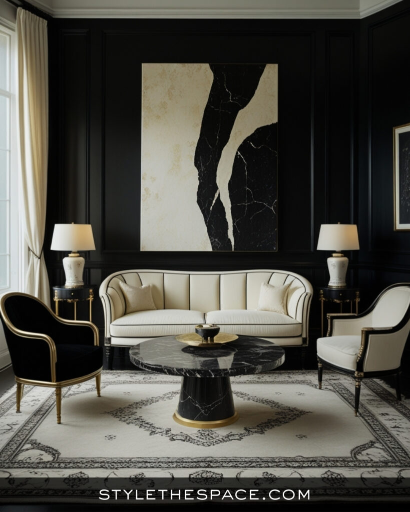 Black Living Room With Elegant Cream and Gold Contrast