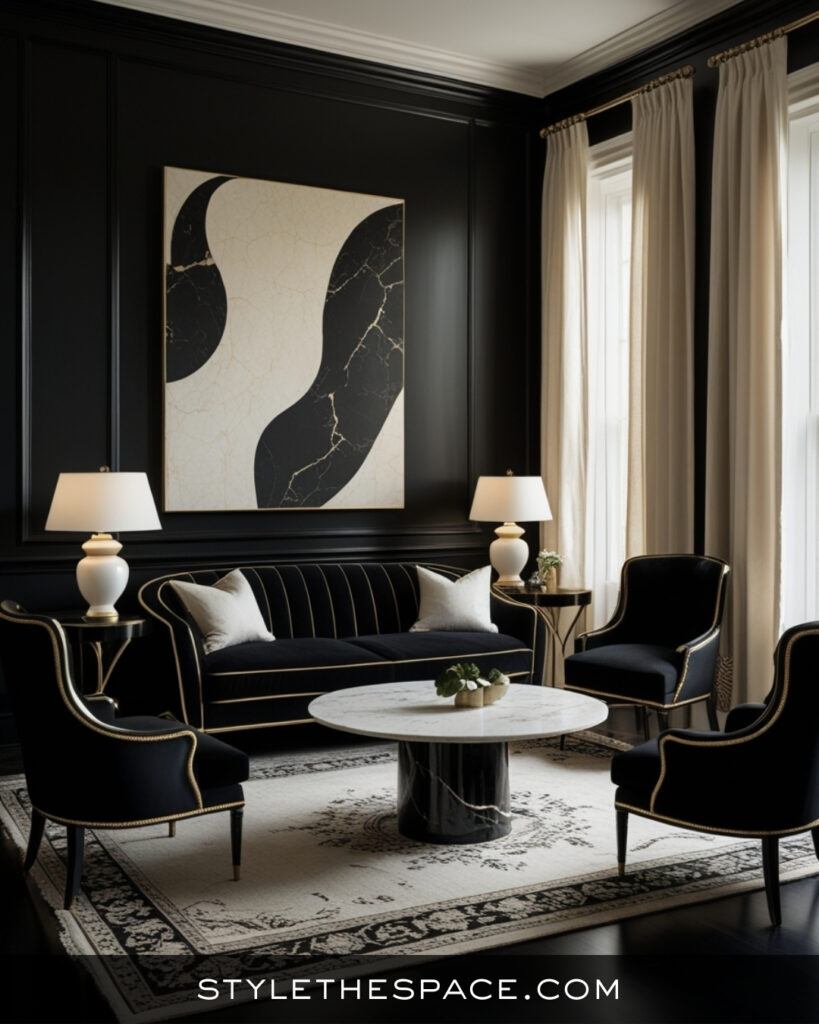 Black Living Room With Elegant Cream and Gold Contrast